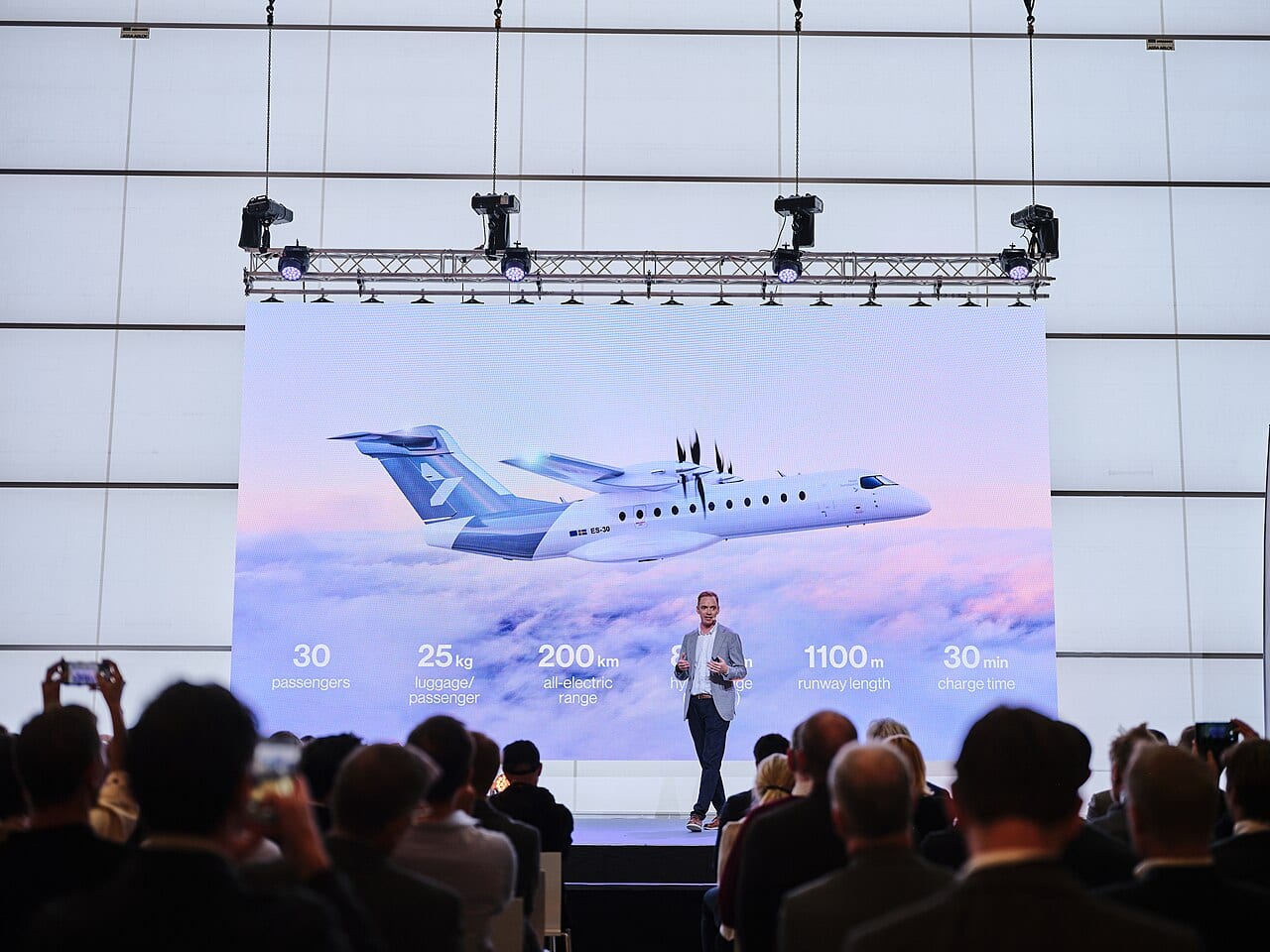 Heart Aerospace CEO Anders Forslund presenting the ES-30 hybrid-electric regional aircraft at the company’s 2024 Hangar Day event.
