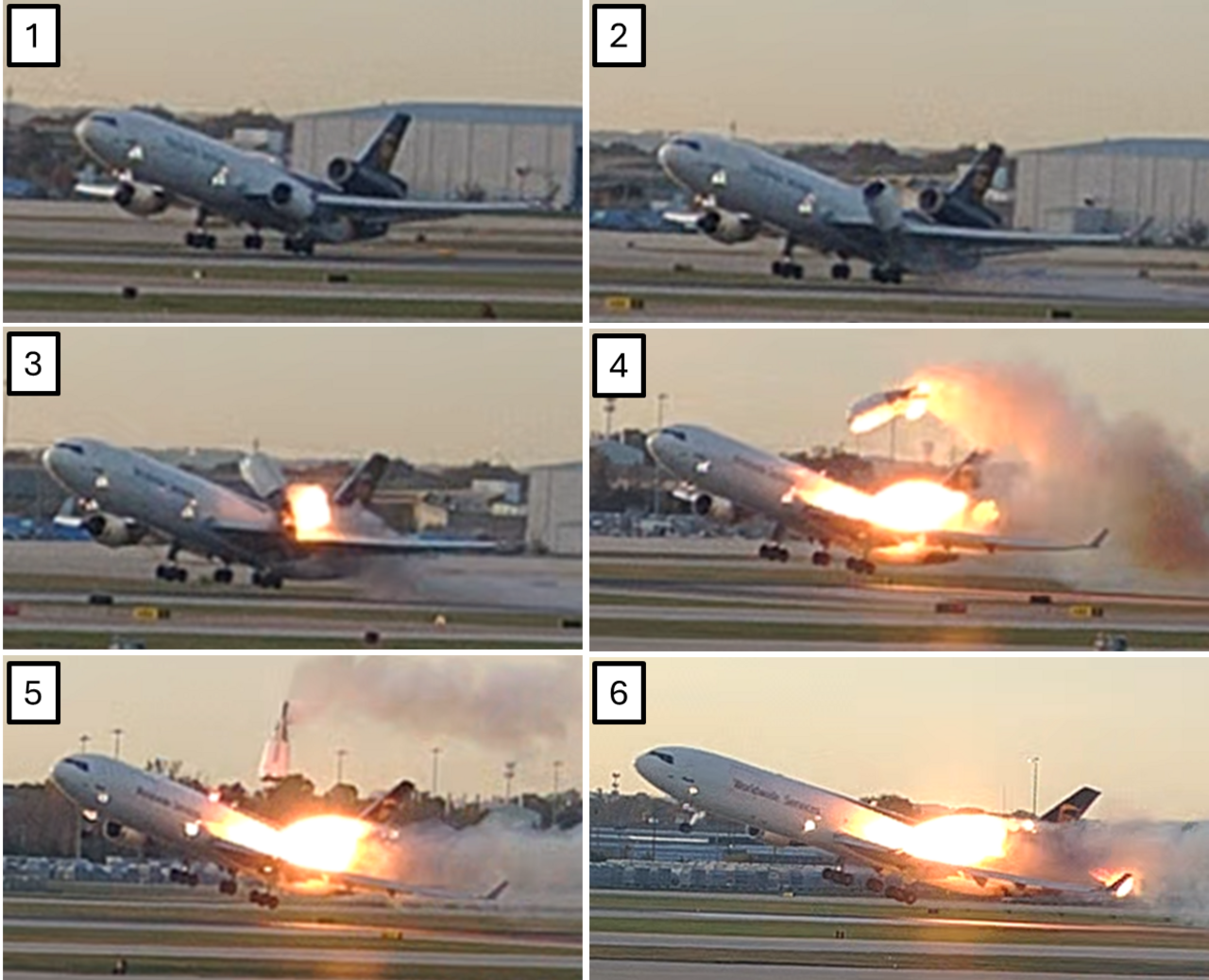 Still images from airport surveillance video showing the left engine and left pylon separating from the wing of UPS Flight 2976 during its takeoff roll.