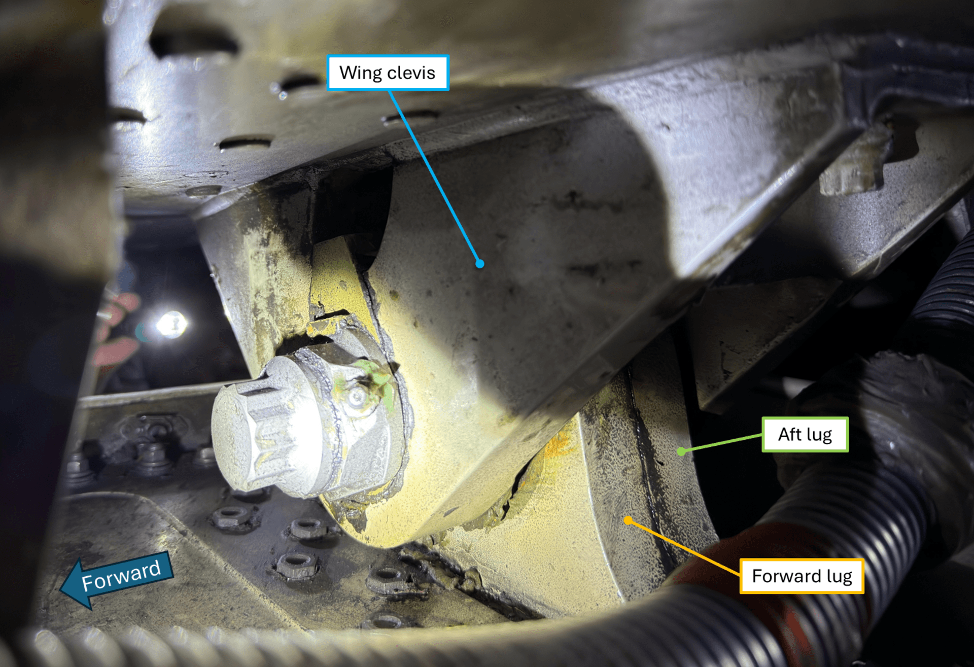 Photo of an intact exemplar pylon aft mount installed at the wing clevis on an undamaged MD-11, used by investigators for comparison against the fractured mount.