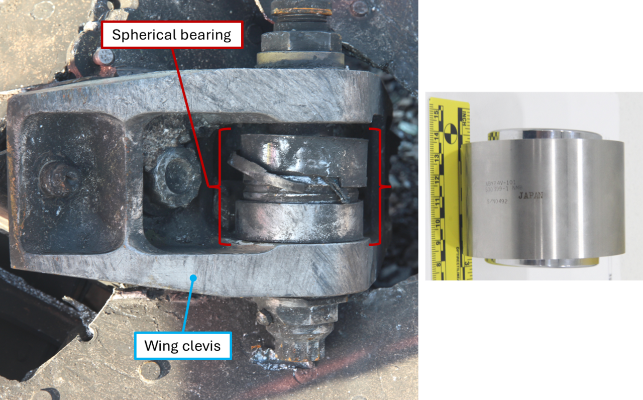 NTSB photo comparing the fractured spherical bearing found at the accident site, marked in red brackets, against an intact exemplar bearing of the same type.
